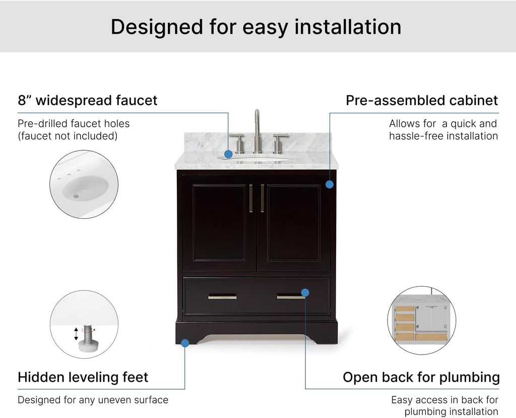 ARIEL Stafford 30-inch Bathroom Vanity with Sink,Solid Wood, 0.75-inch Italian Carrara Marble Countertop & Backsplash, Single Oval Porcelain Sink, 2 Soft Closing Doors, 1 Dovetail Drawers, Espresso