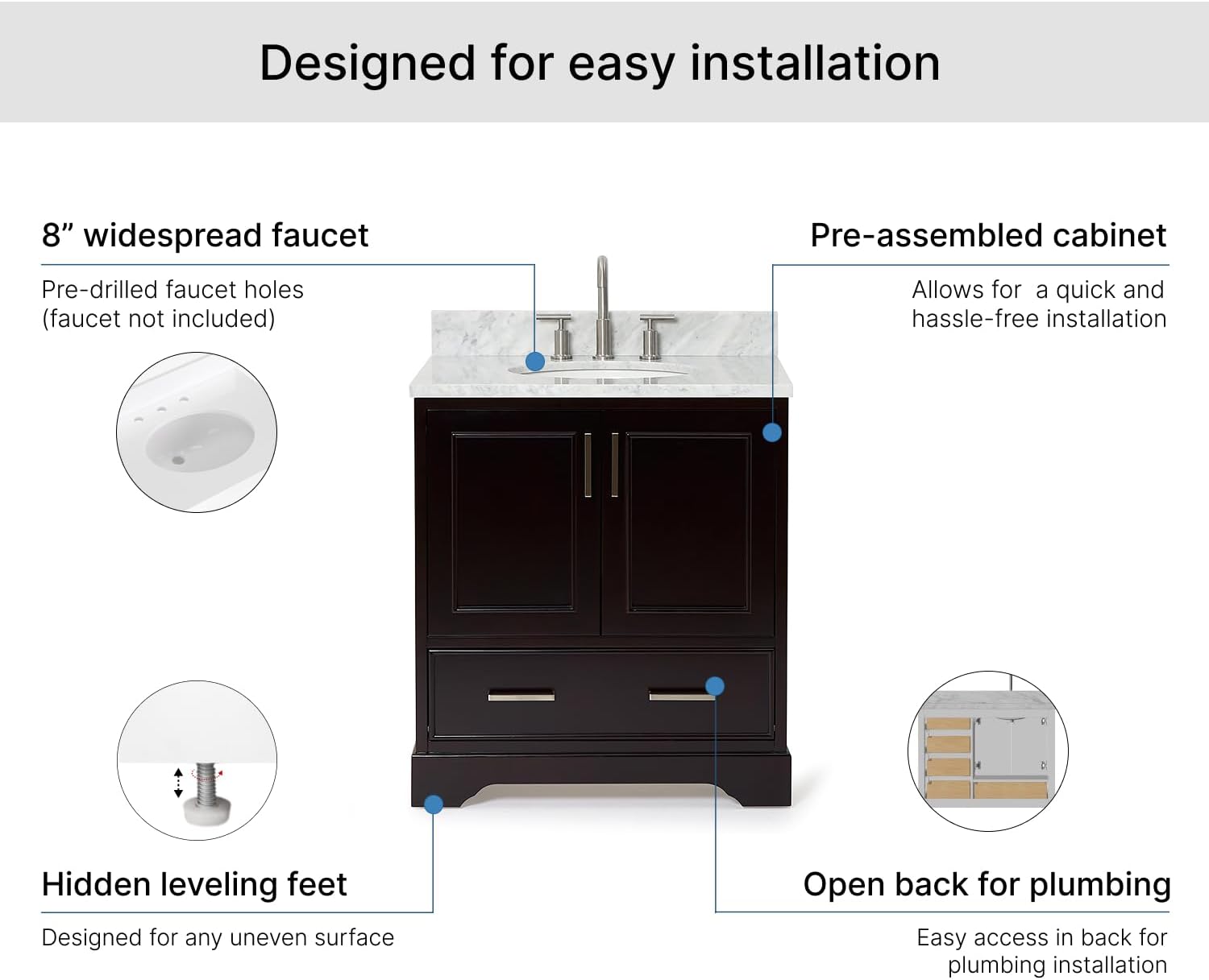 ARIEL Stafford 30-inch Bathroom Vanity with Sink,Solid Wood, 0.75-inch Italian Carrara Marble Countertop & Backsplash, Single Oval Porcelain Sink, 2 Soft Closing Doors, 1 Dovetail Drawers, Espresso