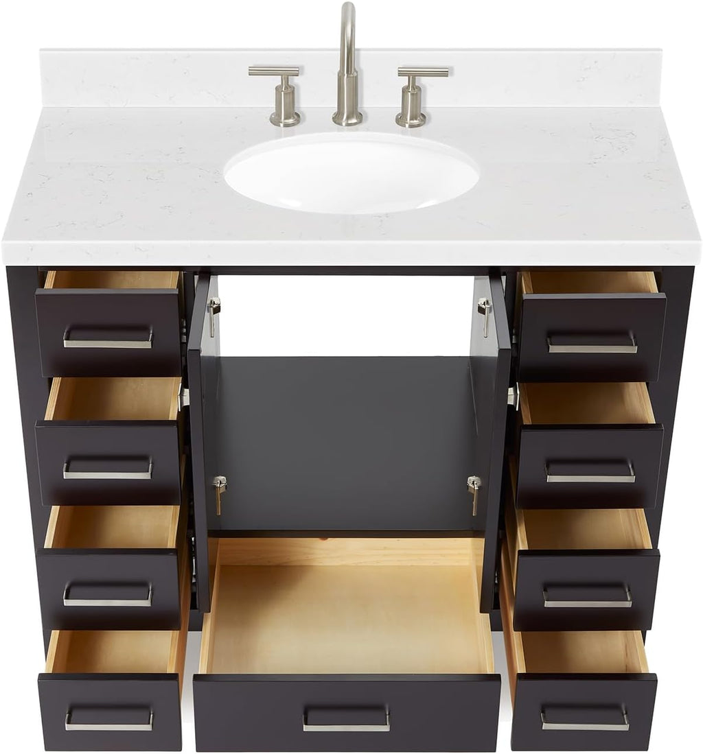 DKB Beckford 42-Inch Espresso Bathroom Vanity with Sink, Solid Wood Frame, Carrara White Quartz Countertop 1.5-Inch Edge, Oval Undermount Sink, 2 Soft Closing Doors, 9 Drawers