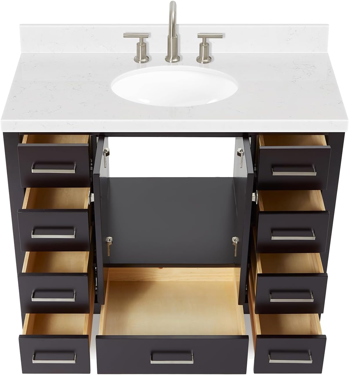 DKB Beckford 42-Inch Espresso Bathroom Vanity with Sink, Solid Wood Frame, Carrara White Quartz Countertop 1.5-Inch Edge, Oval Undermount Sink, 2 Soft Closing Doors, 9 Drawers