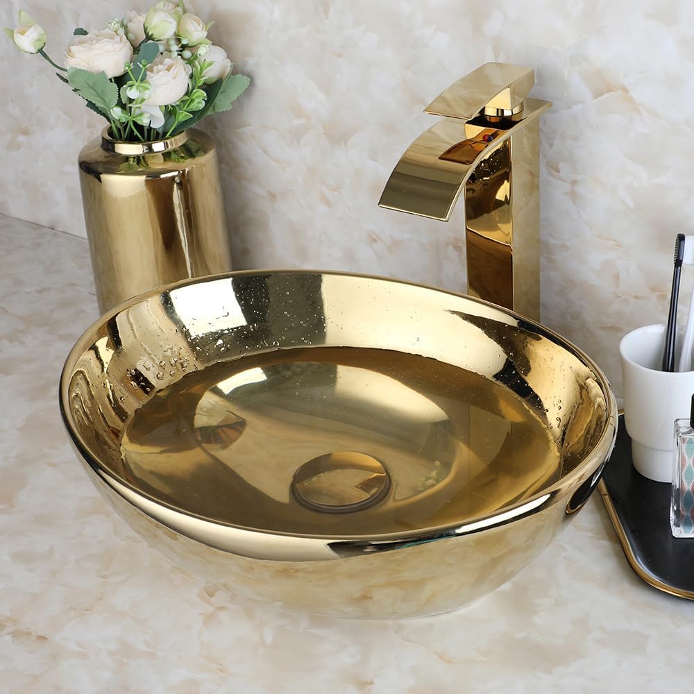 Oval Gold Vessel Sink with Faucet and Pop-Up Drain 17'x14' Bathroom Ceramic Basin Above Counter Bowl Sinks Thickened Compact Boat Shape Sinks for Small Bathrooms Vanities and Apartment Top