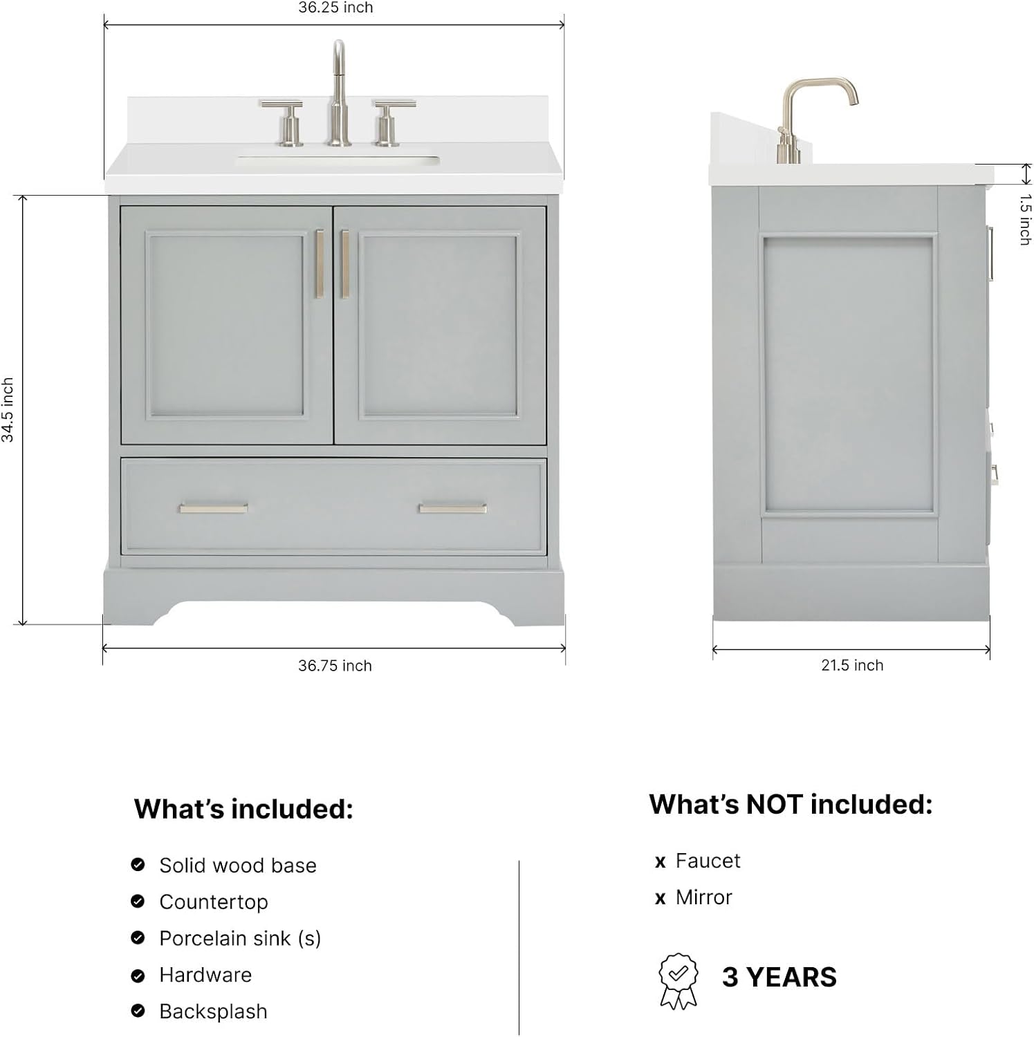 ARIEL Stafford 36-inch Bathroom Vanity with Sink,Solid Wood, 1.5-inch Pure White Quartz Countertop, Single Rectangular Porcelain Sink, Soft Closing Doors, Dovetail Drawers, Grey