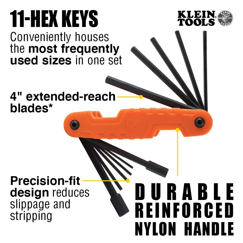 Dipped Plier Kit, Diagonal-Cutting, Needle-Nose, Side-Cutting High Leverage Linesman Pliers, Cutter and Crimper, 5-Piece and Klein Tools 70550 Hex Wrench Key Set, 11 SAE Sizes, Heavy Duty Folding Allen Wrench Tool with Extra Long Hex Keys