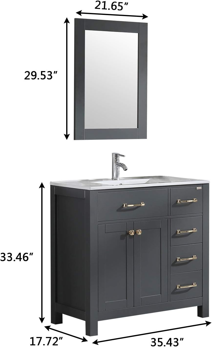 36 inch Bathroom Vanity with Sink Countertop Mirror Faucet Modern Grey | Freestanding bathroom vanity cabinet, ceramic single sink combo