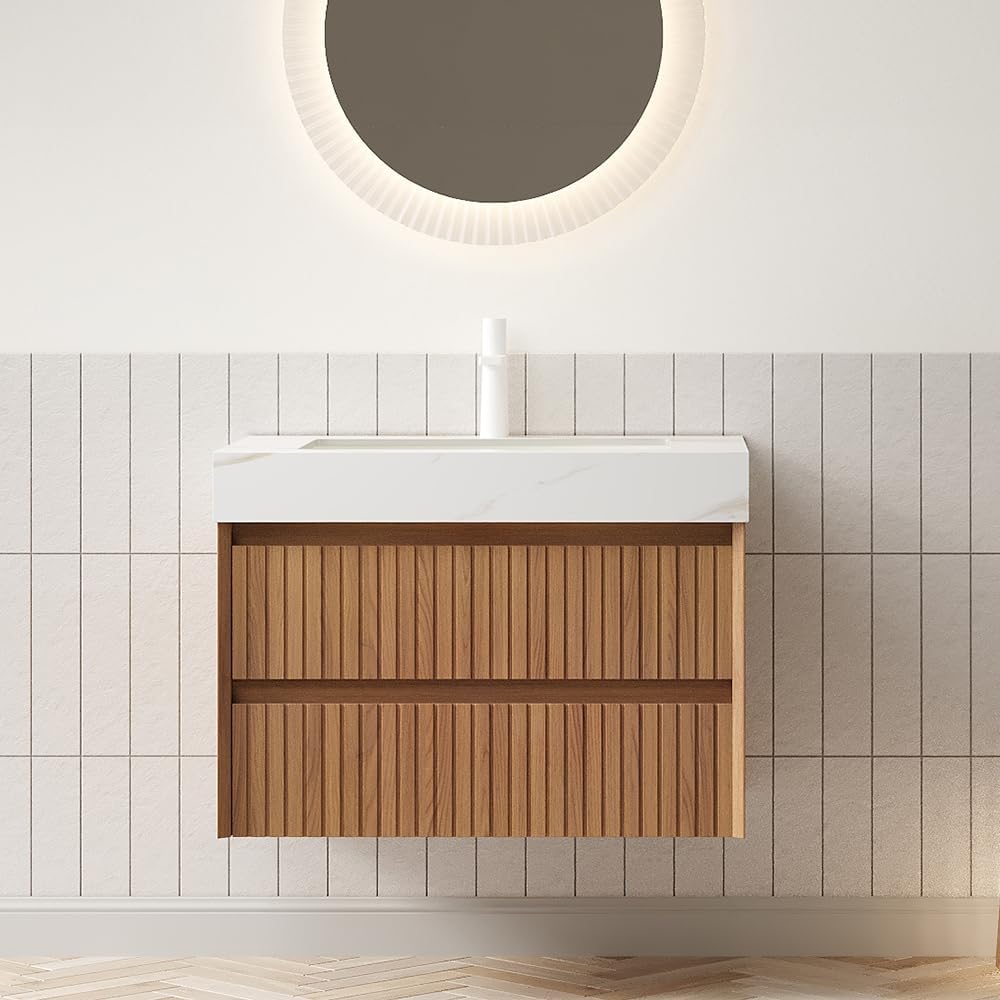 30' Bathroom Vanity with Sink, Modern Bathroom Floating Vanity with Travertine-Pattern Sintered Stone Top & Ceramic Undermount Basin, Pre-Assembled W/2 Drawers, Espresso/W