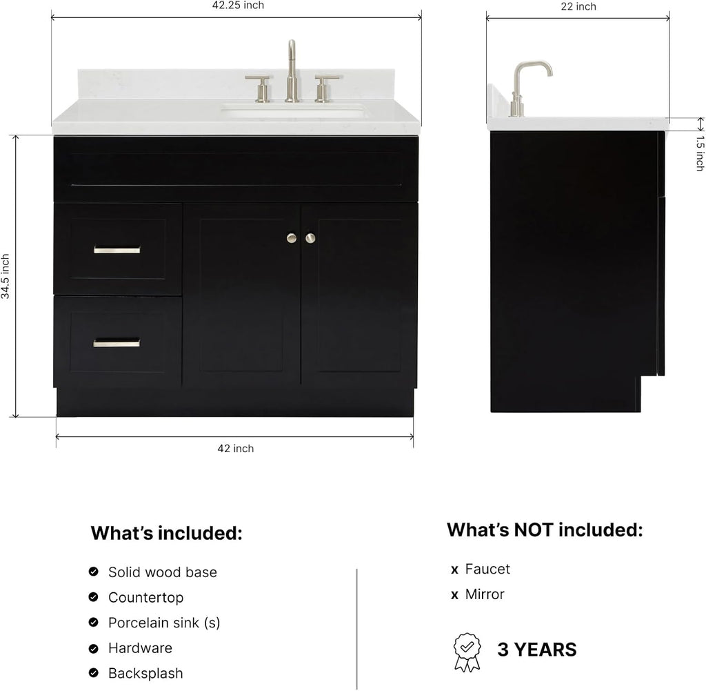 DKB Bradford 42-Inch Black Single Bathroom Vanity with Right Rectangular Undermount Sink, 1.5' Carrara Quartz Countertop, Solid Wood Frame, 2 Soft-Closing Doors, 2 Drawers, Toe Kick, Brushed Nickel