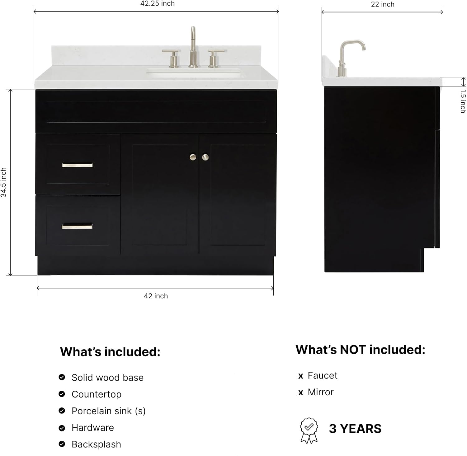 DKB Bradford 42-Inch Black Single Bathroom Vanity with Right Rectangular Undermount Sink, 1.5' Carrara Quartz Countertop, Solid Wood Frame, 2 Soft-Closing Doors, 2 Drawers, Toe Kick, Brushed Nickel