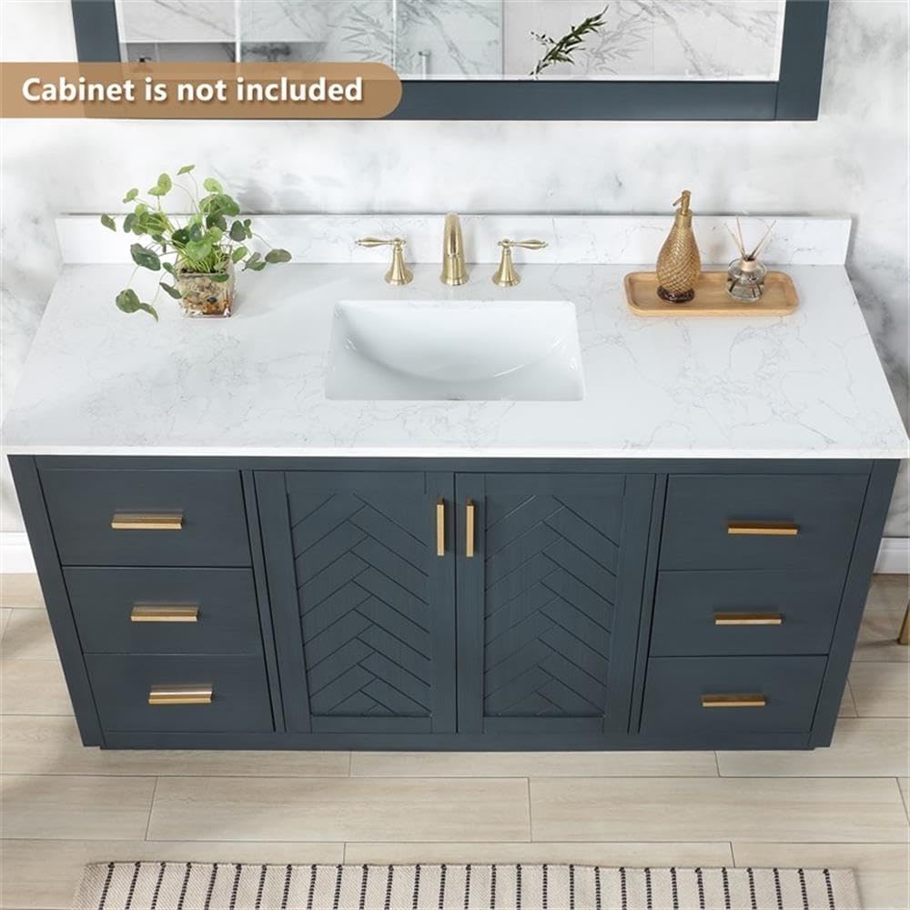 Pemberly Row 61' Engineered Stone Vanity Top, Grain White Finish, Single White Undermount Sink, Scratch/Heat/Stain-Resistant, Pre-Drilled for 8' Widespread Faucet, Modern Bathroom Vanity Surface