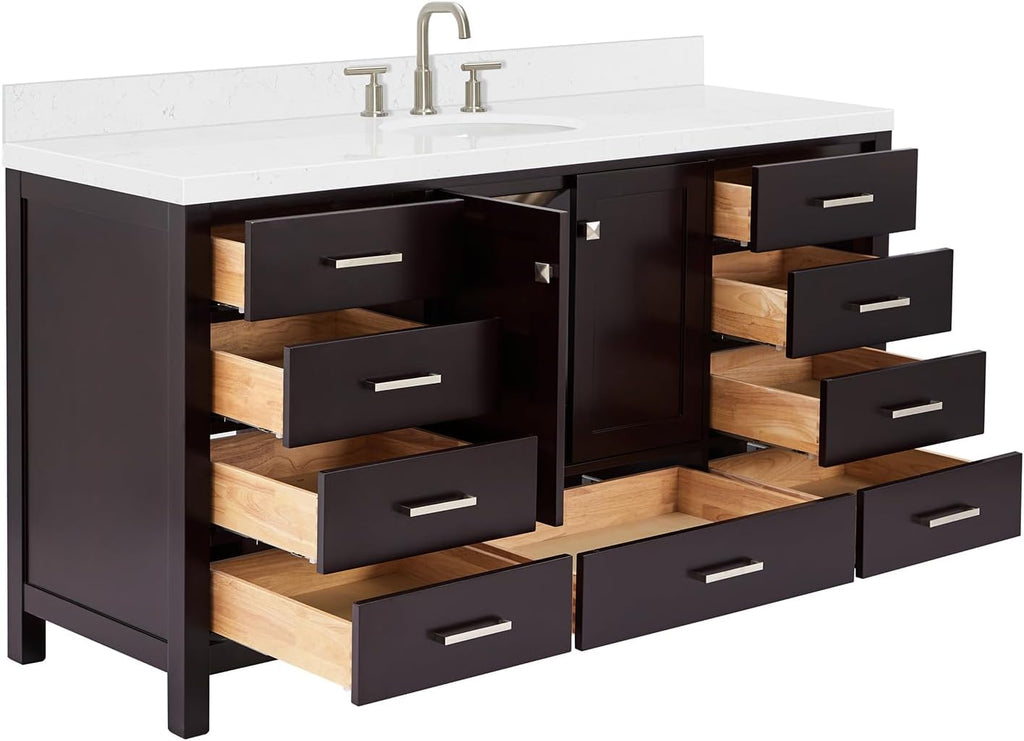 ARIEL Cambridge 66-inch Bathroom Vanity with Sink,Solid Wood, 1.5-inch Carrara White Quartz Countertop & Backsplash, Single Oval Porcelain Sink, 2 Soft Closing Doors, 9 Dovetail Drawers, Espresso