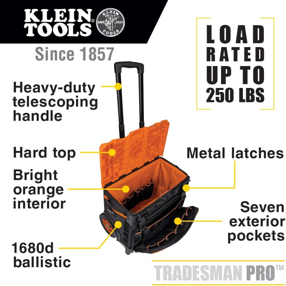 Klein Tools 55473RTB Rolling Tool Bag, Tradesman Pro Tool Master, 250lbs Load Rated & 70550 Hex Wrench Key Set, 11 SAE Sizes, Heavy Duty Folding Allen Wrench Tool