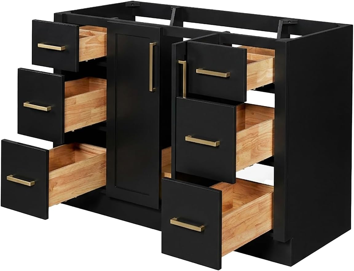 ARIEL Loren 48-inch Bathroom Vanity with Sink,Solid Wood, 1.5-inch Pure White Quartz Countertop, Single Rectangular Porcelain Sink, 2 Soft Closing Doors, 7 Dovetail Drawers, Black