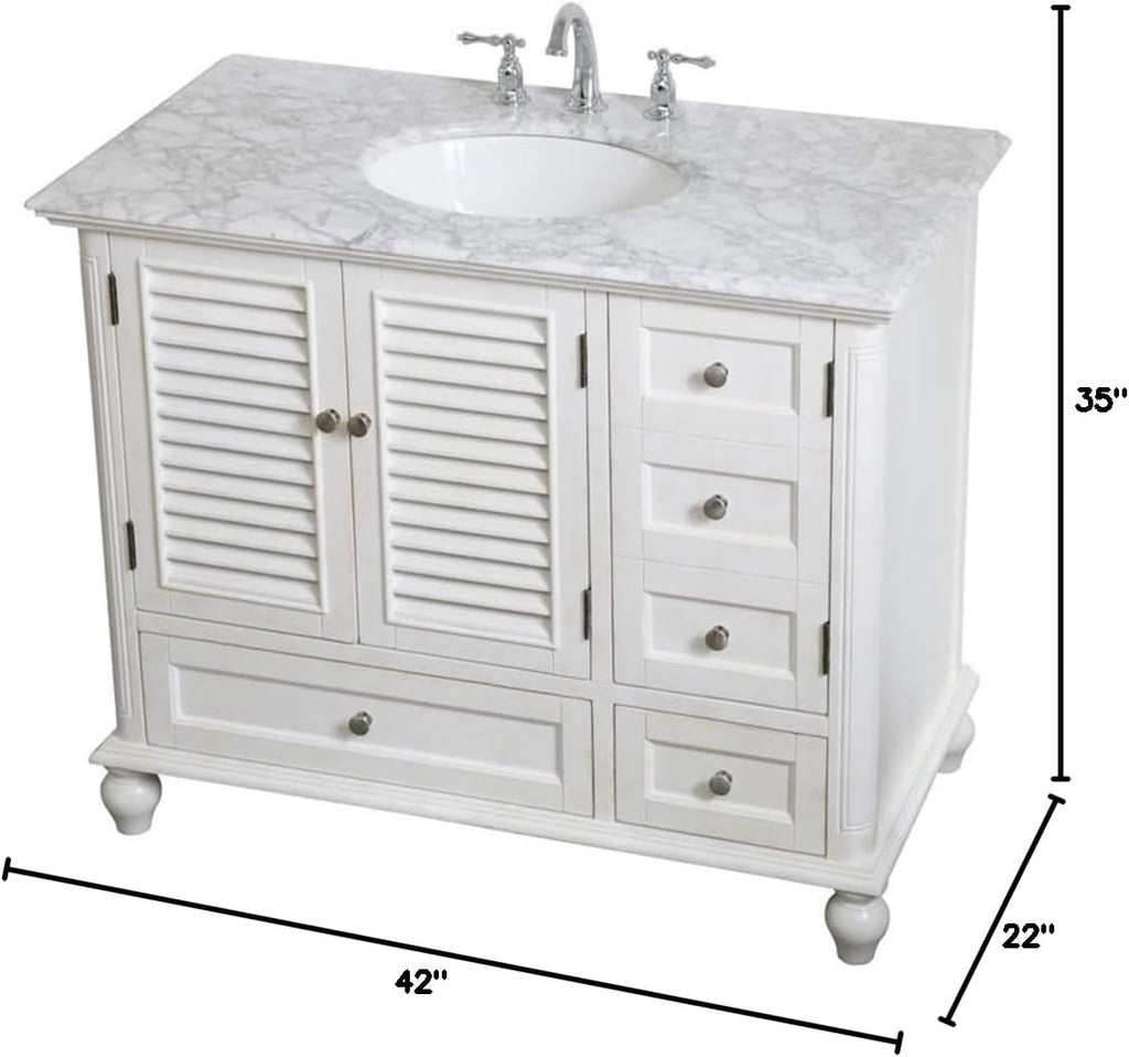 Pemberly Row 42' Single Bathroom Vanity, Antique White Finish, Solid Wood and MDF Base, Carrara White Marble Top, Porcelain Undermount Sink, 2 Drawers and 3 Doors, Freestanding for Bathroom Use