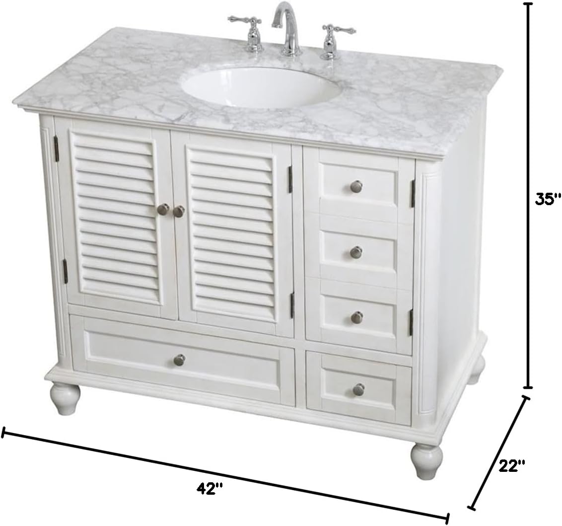 Pemberly Row 42' Single Bathroom Vanity, Antique White Finish, Solid Wood and MDF Base, Carrara White Marble Top, Porcelain Undermount Sink, 2 Drawers and 3 Doors, Freestanding for Bathroom Use