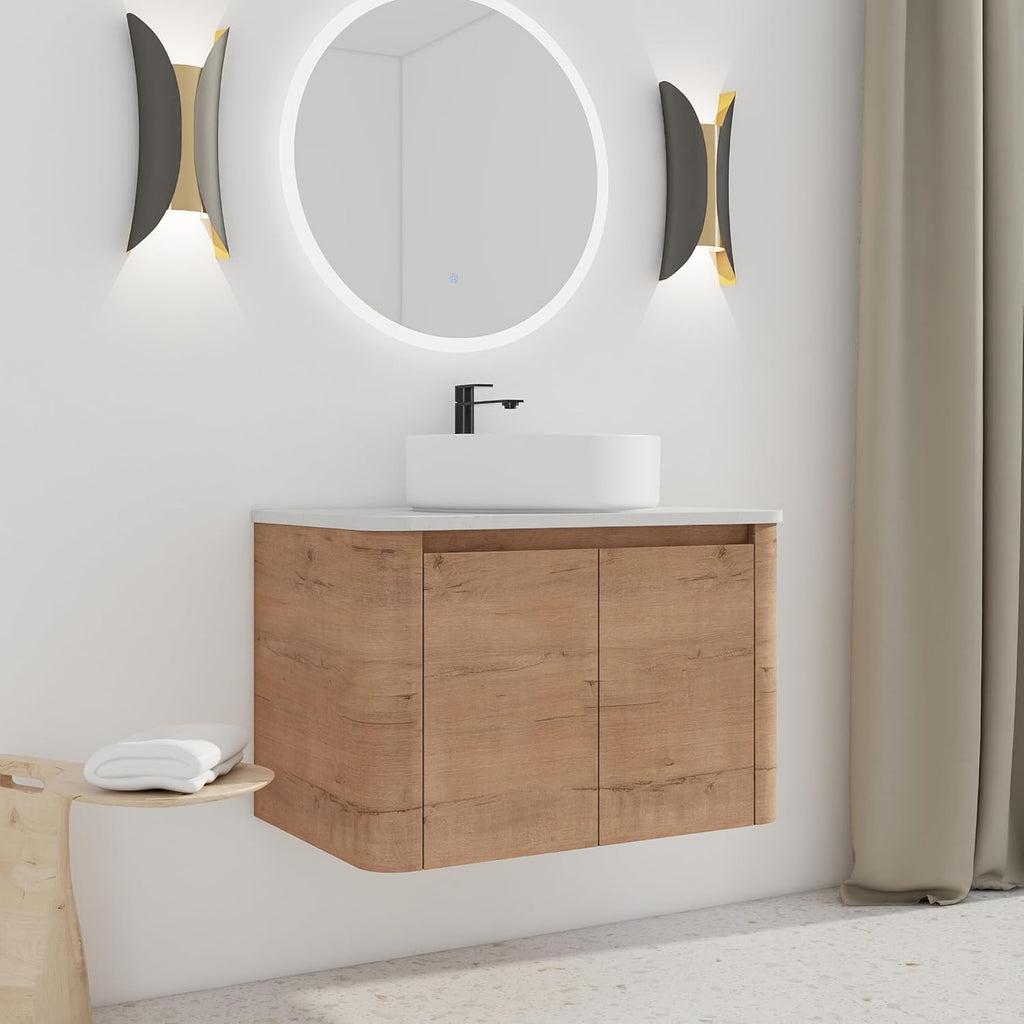 30 Inch Wall-Mounted Bathroom Vanity with Sink Combo Modern Floating Bathroom Vanitites with Round Ceramic Vessel Sink 30' Bathroom Sink Cabinet with Marble Counter Top & Soft Closing Door