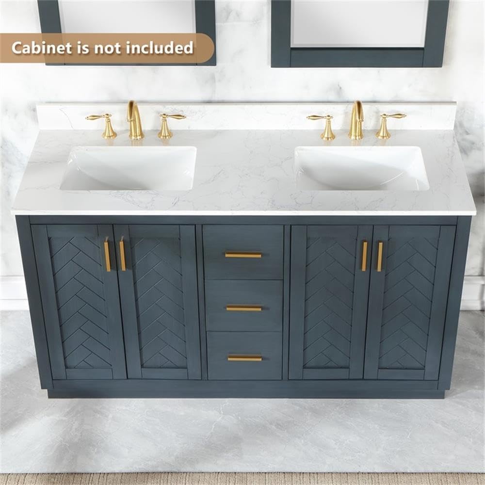 Pemberly Row 61' Engineered Stone Vanity Top, Grain White Finish, Double White Ceramic Sinks, Scratch-Resistant, Heat and Stain-Resistant, Includes Backsplash, Fits 60' Bathroom Vanity Cabinet