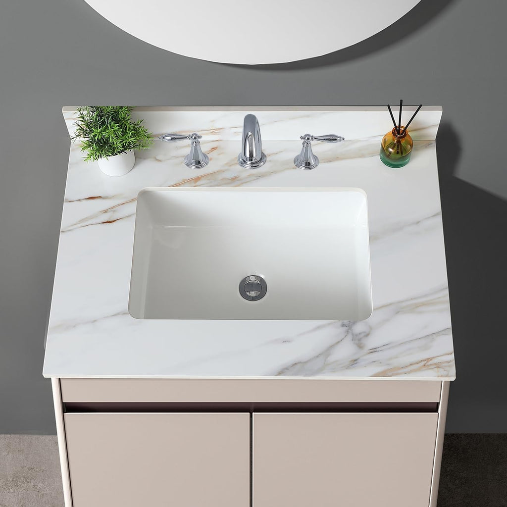 31' Bathroom Vanity Top with Ceramic Undermount Sink & Backsplash,Calacatta Gold Sintered Stone Counter Top, 3 Holes Vanity Sink Top