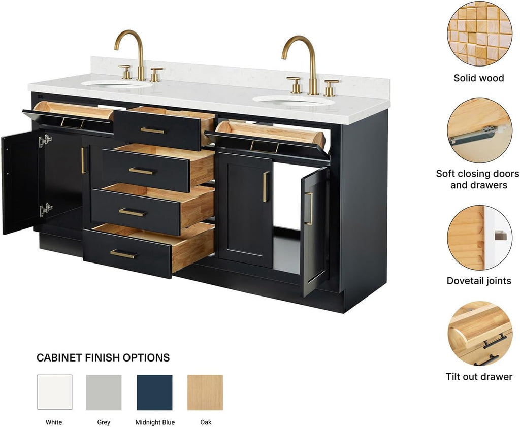 ARIEL Hepburn 72-inch Bathroom Vanity with Sink,Solid Wood, 1.5-inch Carrara White Quartz Countertop & Backsplash, Double Oval Porcelain Sink, 4 Soft Closing Doors, 6 Dovetail Drawers, Black