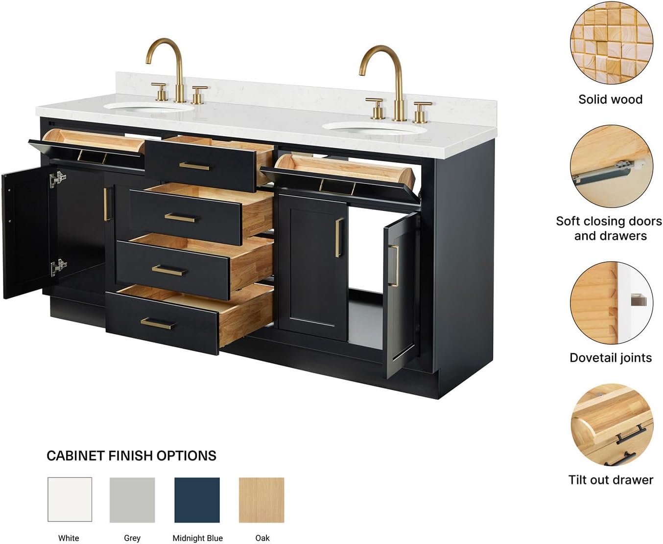 ARIEL Hepburn 72-inch Bathroom Vanity with Sink,Solid Wood, 1.5-inch Carrara White Quartz Countertop & Backsplash, Double Oval Porcelain Sink, 4 Soft Closing Doors, 6 Dovetail Drawers, Black