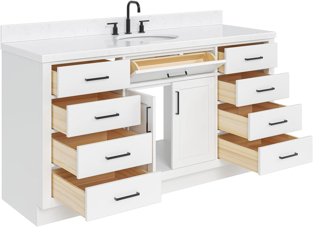 ARIEL Hepburn 66-inch Bathroom Vanity with Sink,Solid Wood, 1.5-inch Carrara White Quartz Countertop & Backsplash, Single Oval Porcelain Sink, 2 Soft Closing Doors, 9 Dovetail Drawers, White