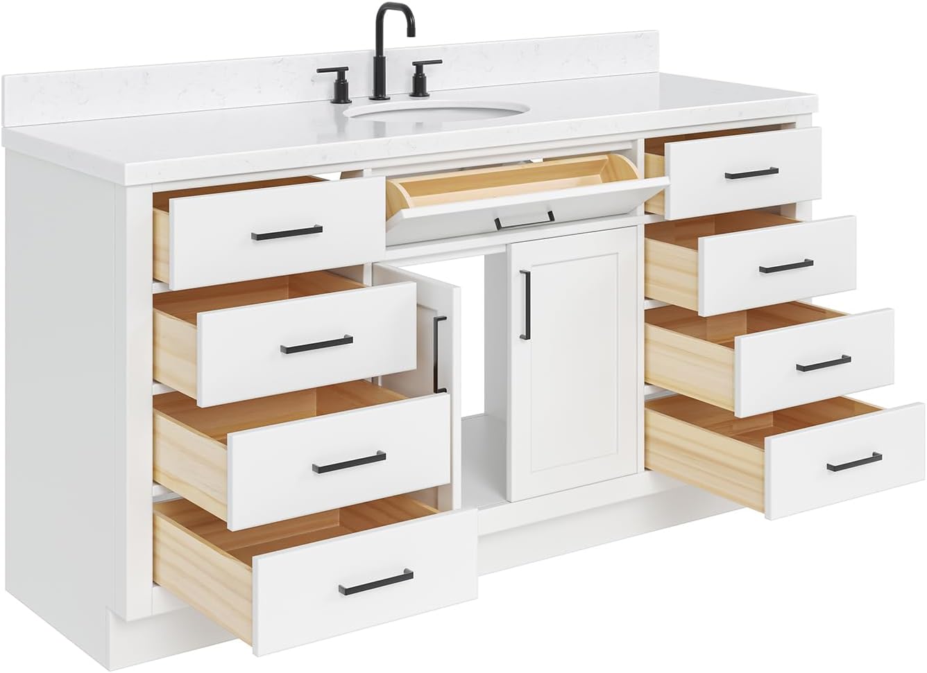 ARIEL Hepburn 66-inch Bathroom Vanity with Sink,Solid Wood, 1.5-inch Carrara White Quartz Countertop & Backsplash, Single Oval Porcelain Sink, 2 Soft Closing Doors, 9 Dovetail Drawers, White