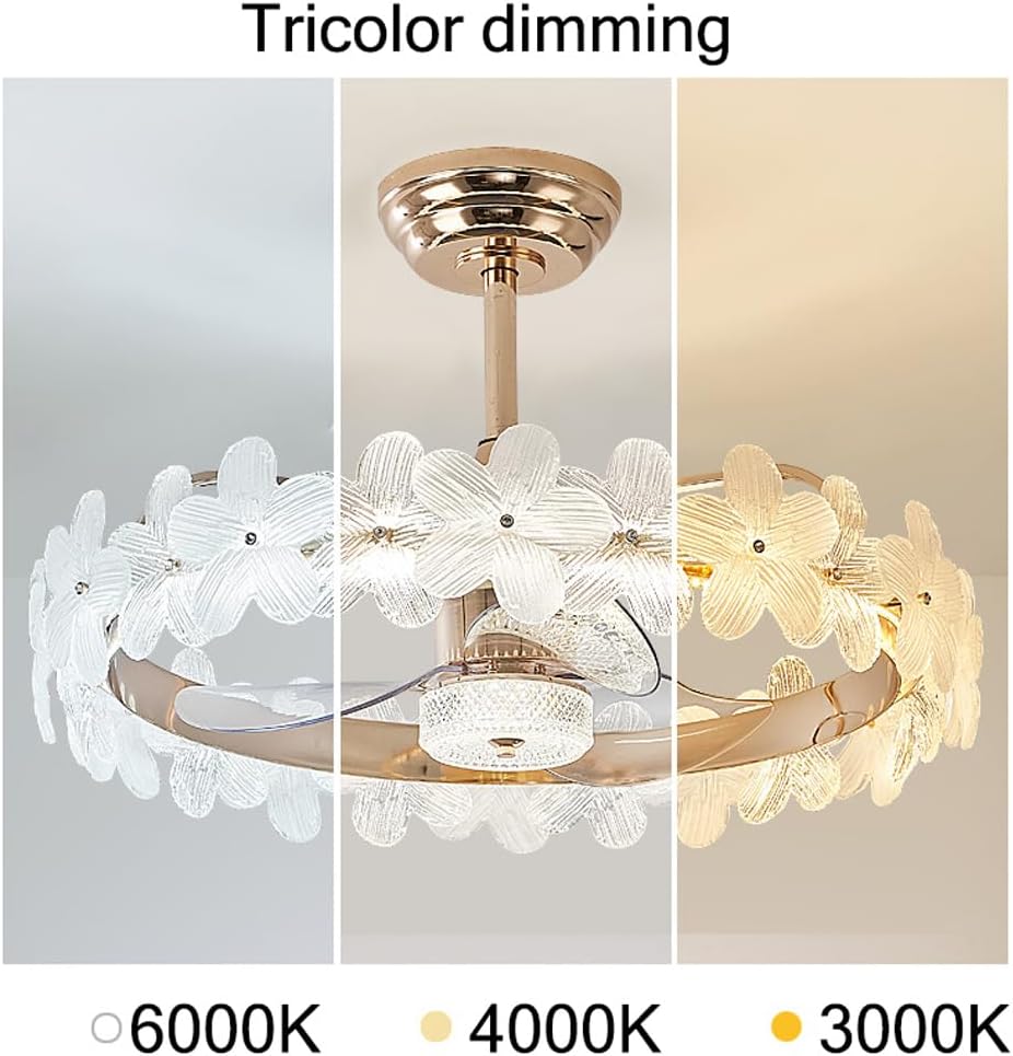 Glass Flower Ceiling Fan with Lights Remote Control 360° Rotating Ceiling Fan Light Invisible Reversible Blades Dimmable LED Fan Lamp for Girls Bedroom Kids Room Children Kitchen