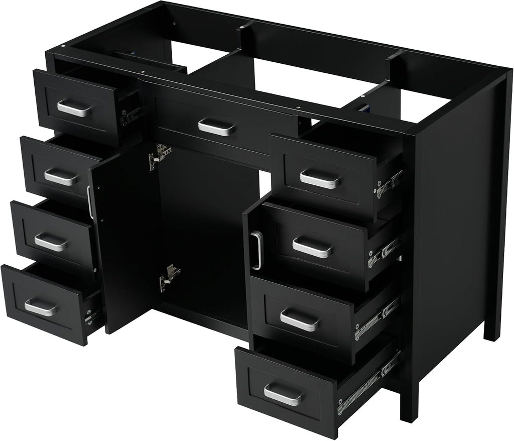 47' Bathroom Vanity Without Sink, Cabinet Only, 2 Doors and 8 Drawers, Soft Close System, Classic Design, Black