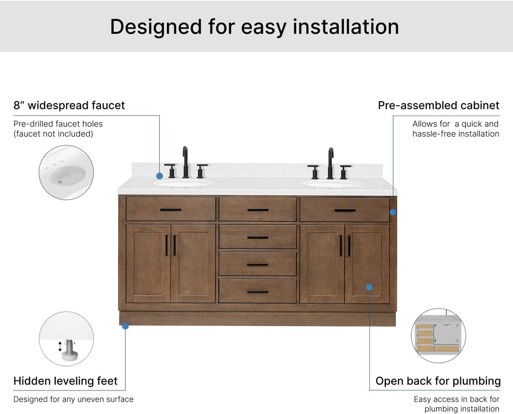 ARIEL Hepburn 72-inch Bathroom Vanity with Sink,Solid Wood, 1.5-inch Carrara White Quartz Countertop & Backsplash, Double Oval Porcelain Sink, 4 Soft Closing Doors, 6 Dovetail Drawers, Brown Oak