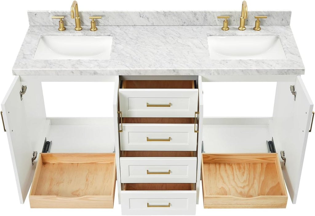 ARIEL Taylor 66-inch Bathroom Vanity with Sink,Solid Wood, 1.5-inch Italian Carrara Marble Countertop, Double Rectangular Porcelain Sink, 4 Soft Closing Doors, 5 Dovetail Drawers, White