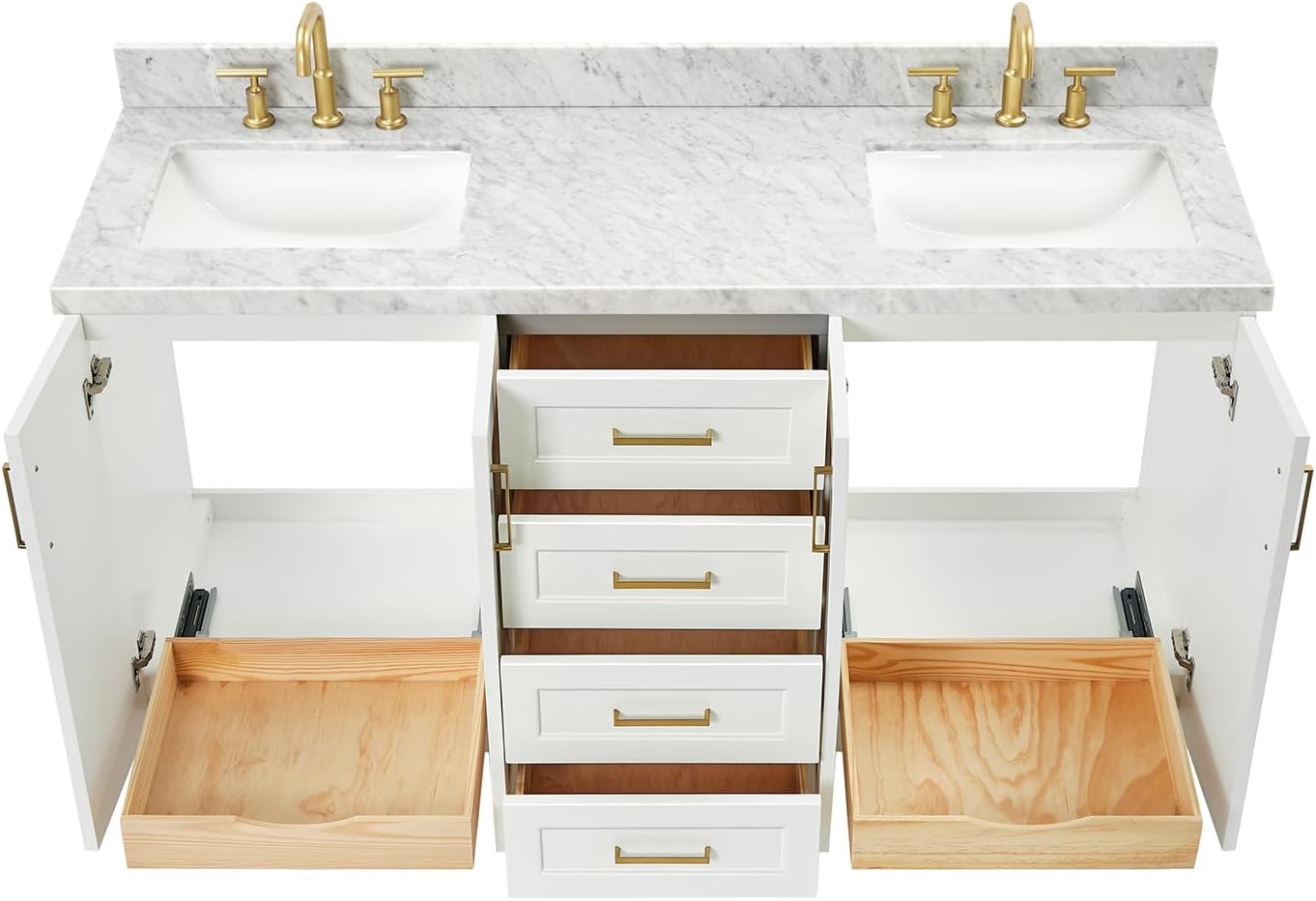 ARIEL Taylor 66-inch Bathroom Vanity with Sink,Solid Wood, 1.5-inch Italian Carrara Marble Countertop, Double Rectangular Porcelain Sink, 4 Soft Closing Doors, 5 Dovetail Drawers, White