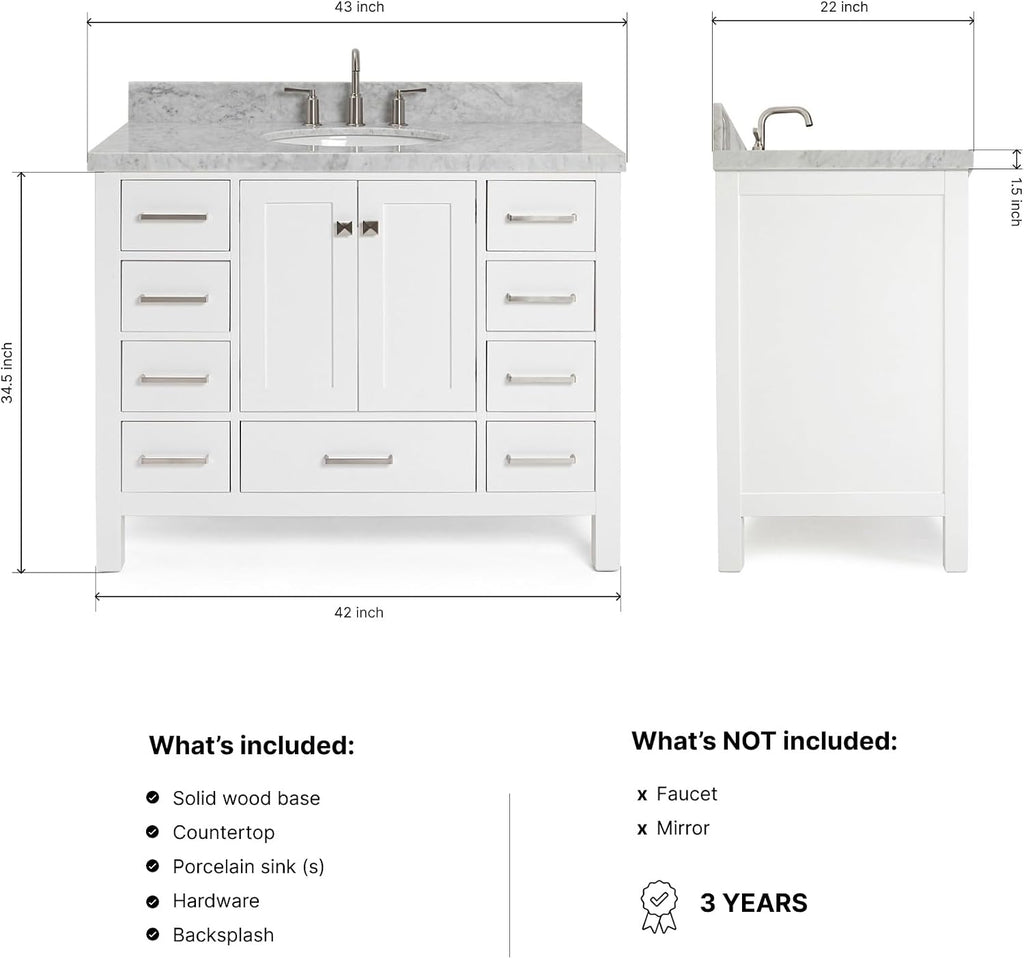 ARIEL Cambridge 42-inch Bathroom Vanity with Sink,Solid Wood, 1.5-inch Italian Carrara Marble Countertop & Backsplash, Single Oval Porcelain Sink, 2 Soft Closing Doors, 9 Dovetail Drawers, White