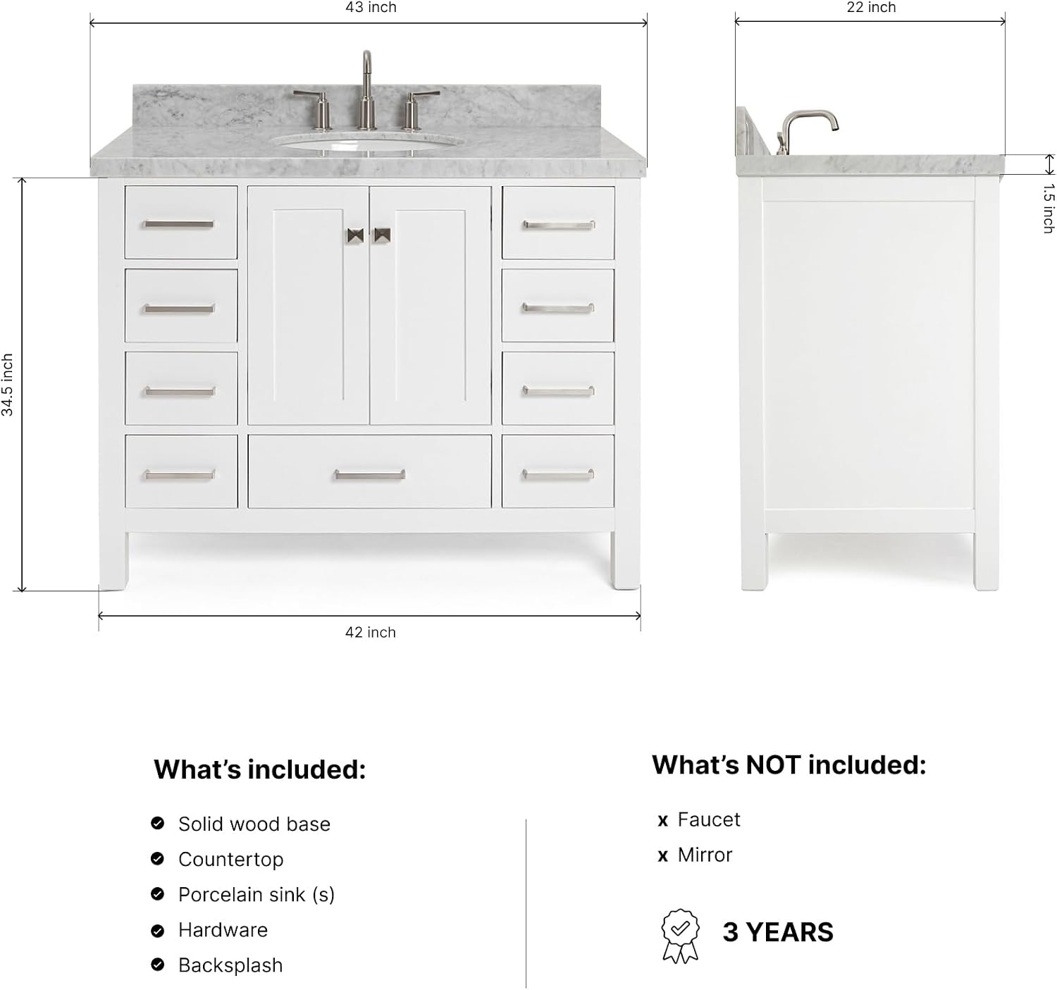 ARIEL Cambridge 42-inch Bathroom Vanity with Sink,Solid Wood, 1.5-inch Italian Carrara Marble Countertop & Backsplash, Single Oval Porcelain Sink, 2 Soft Closing Doors, 9 Dovetail Drawers, White