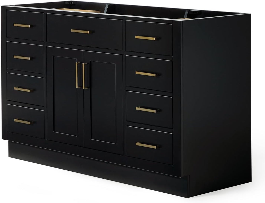 ARIEL Hepburn 54-inch Bathroom Vanity Base Cabinet,Solid Wood, 2 Soft Closing Doors, 9 Dovetail Drawers, Black