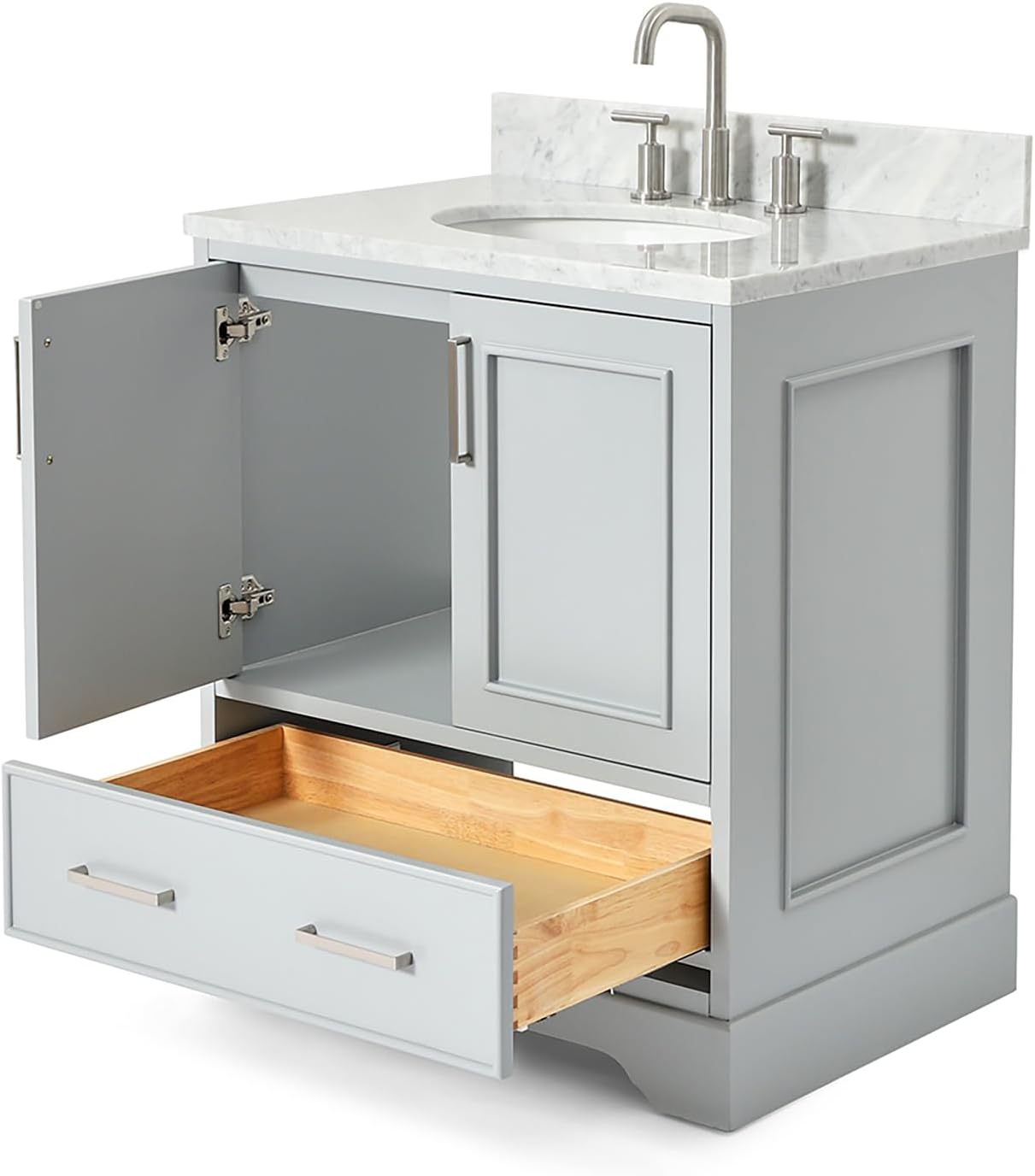 ARIEL Stafford 30-inch Bathroom Vanity with Sink,Solid Wood, 0.75-inch Italian Carrara Marble Countertop & Backsplash, Single Oval Porcelain Sink, 2 Soft Closing Doors, 1 Dovetail Drawers, Grey