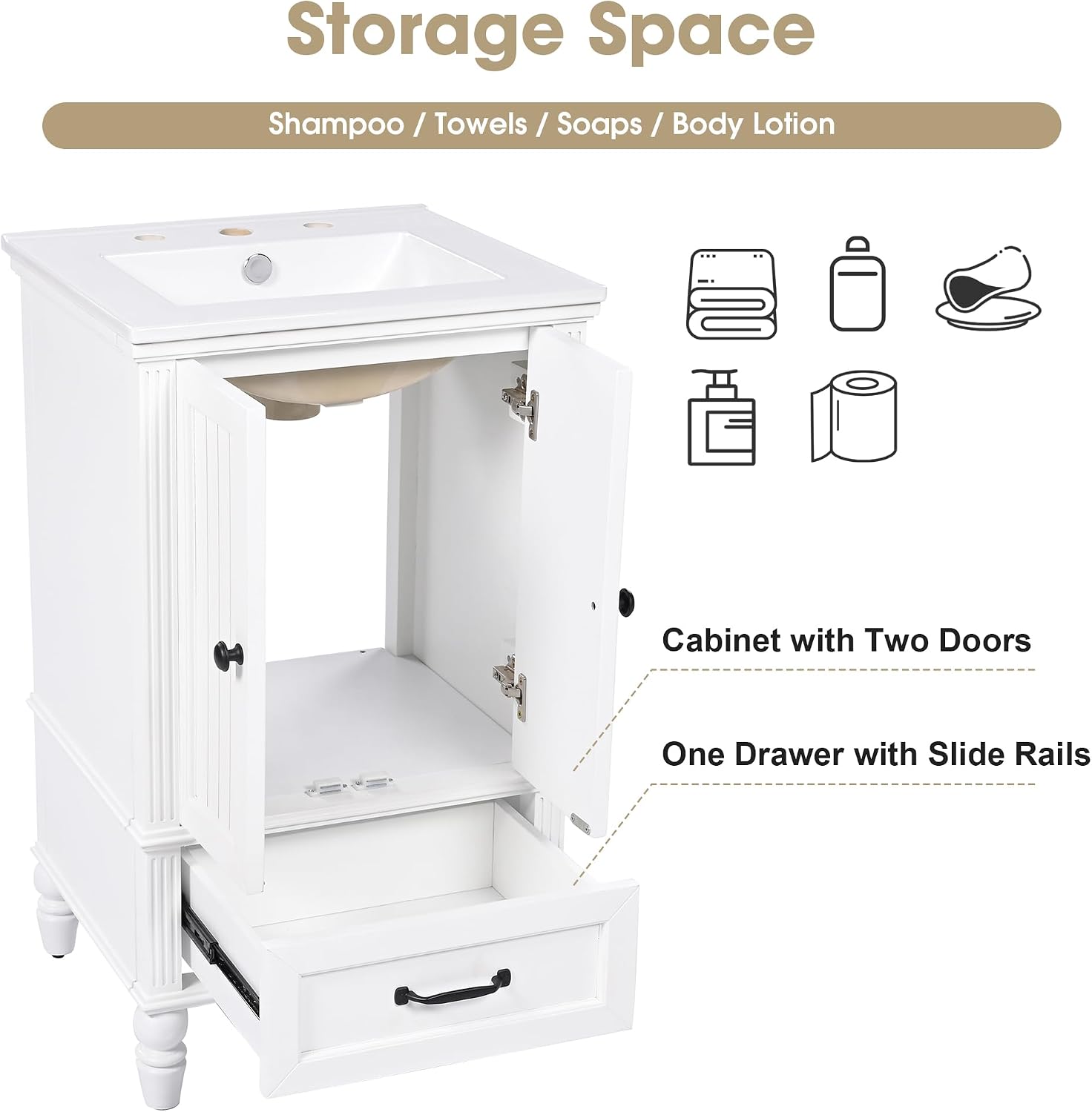 VilroCaz 20' Bathroom Vanity with Sink, Freestanding Bathroom Storage Cabinet with 2 Doors, a Drawer, Magnetic Door Stopper, Solid Wood Legs and Adjustable Foot Pads (White-10.10)