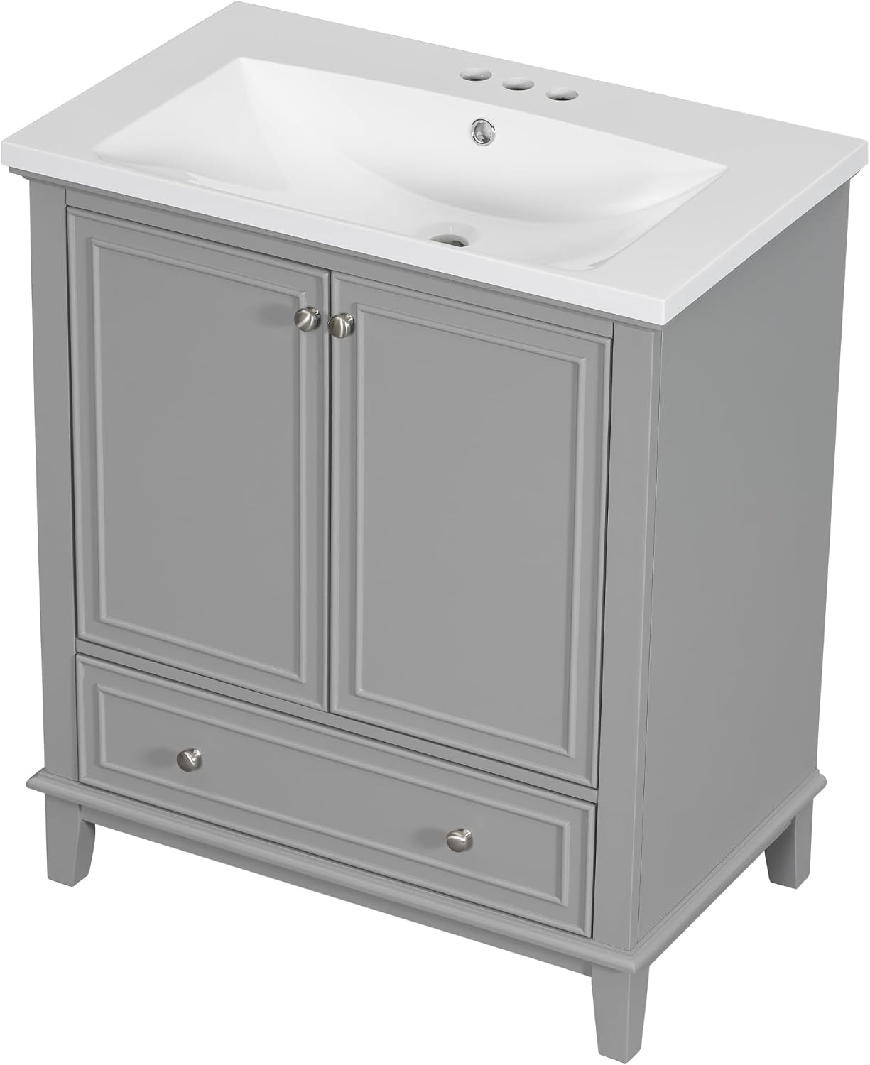30' Bathroom Vanity Cabinet with Ceramic Sink Top Set, Multi-Functional Drawers and Storage Rack, Soft Closing Doors, Freestanding, Solid Wood Frame & MDF Board, Grey