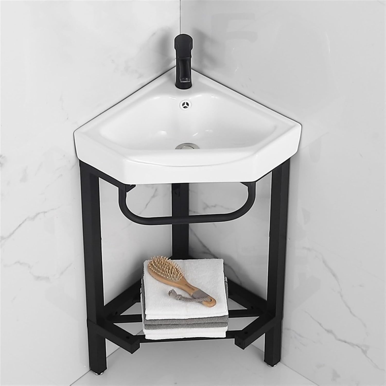 Bathroom Pedestal Sink Corner Bathroom Vanity Sink with Stainless Steel Storage Stand, Triangular Ceramic Basin Top Console Sink Freestanding Sink with Faucet & Drain and(B 47CM)