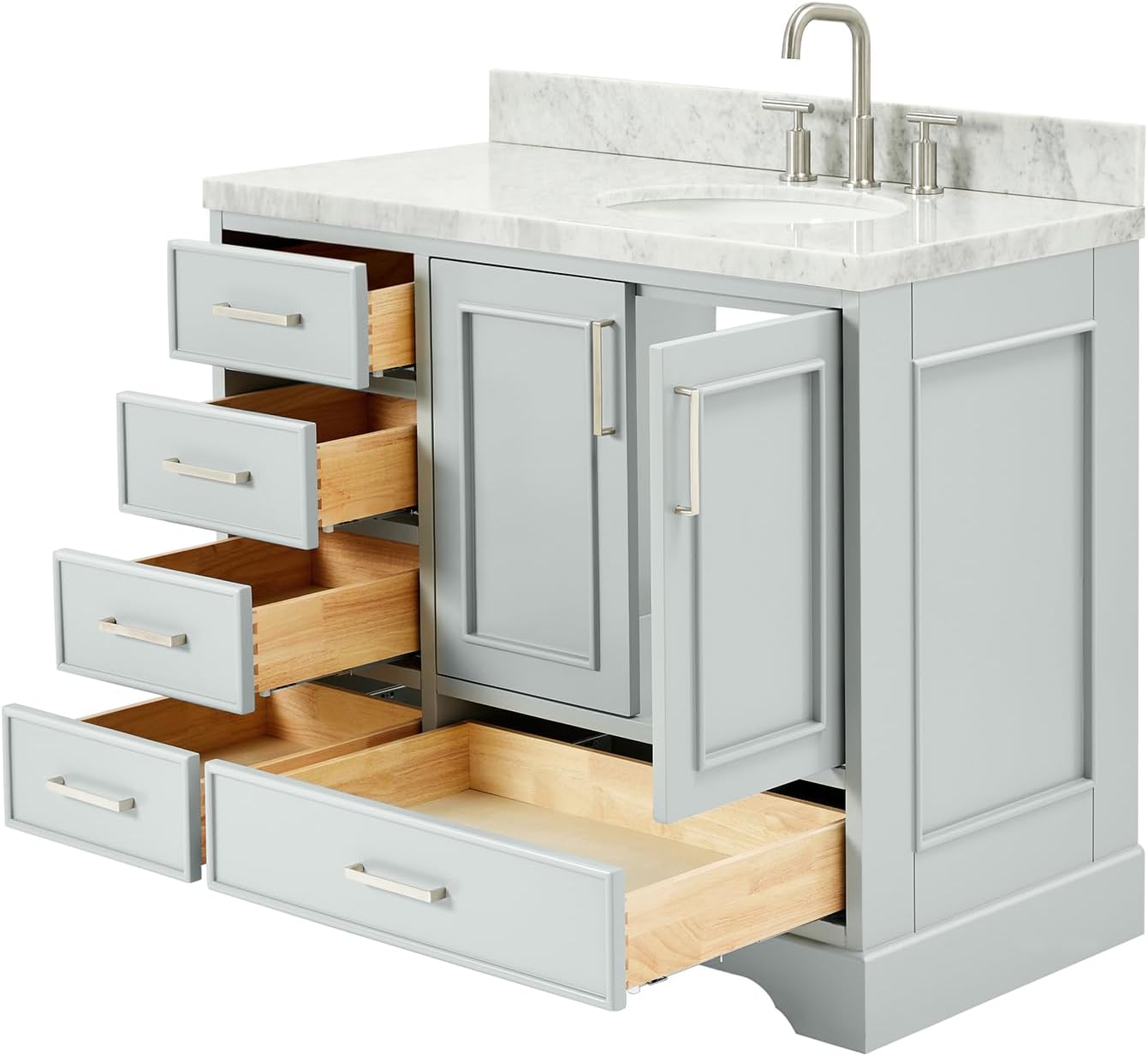 DKB Langford 42-inch Grey Bathroom Vanity with Right Oval Single Sink, Italian Carrara Marble Countertop & Backsplash, Solid Wood Frame, Soft-Closing & Dovetail Drawers
