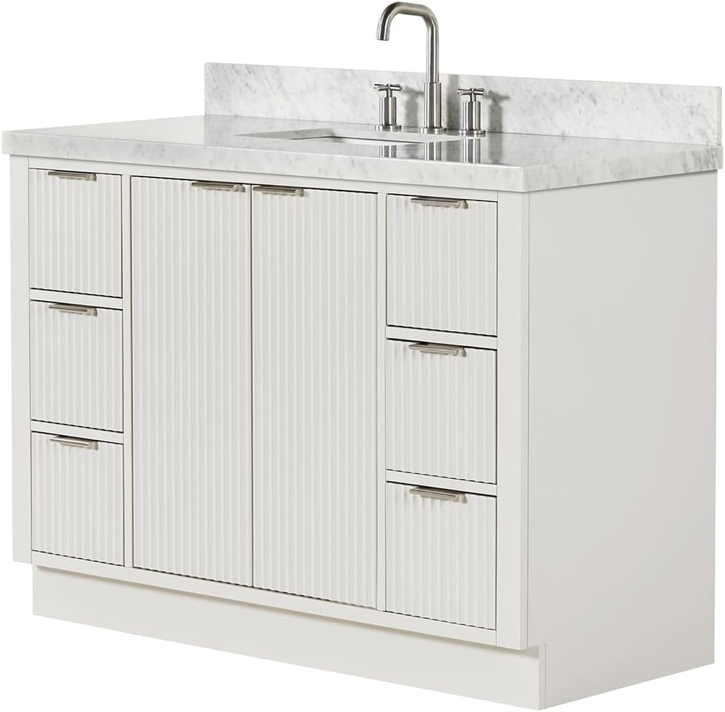 ARIEL Milan 48-inch Bathroom Vanity with Sink,Solid Wood, 1.5-inch Italian Carrara Marble Countertop, Single Rectangular Porcelain Sink, 2 Soft Closing Doors, 6 Dovetail Drawers, Warm White
