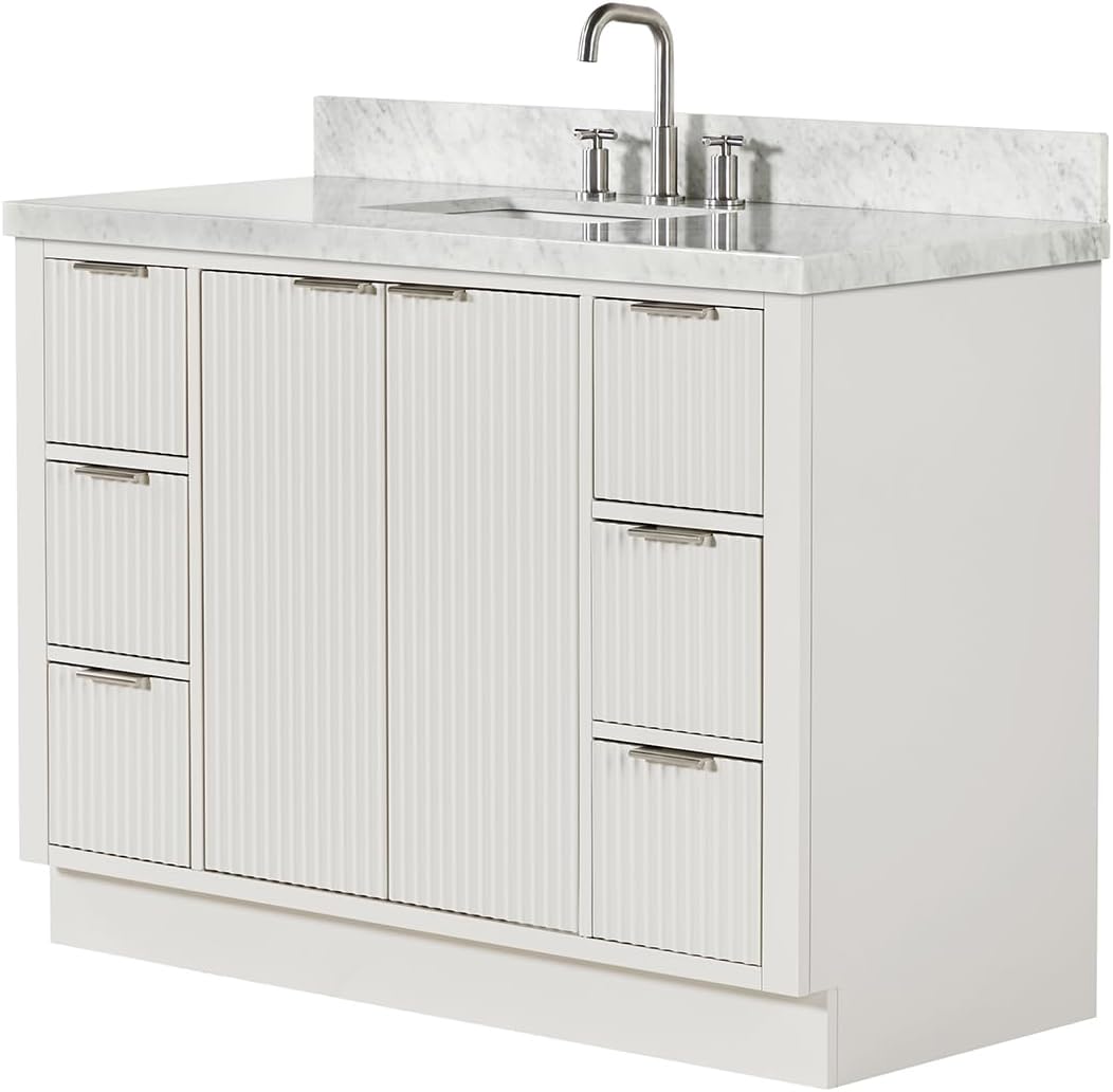 ARIEL Milan 48-inch Bathroom Vanity with Sink,Solid Wood, 1.5-inch Italian Carrara Marble Countertop, Single Rectangular Porcelain Sink, 2 Soft Closing Doors, 6 Dovetail Drawers, Warm White