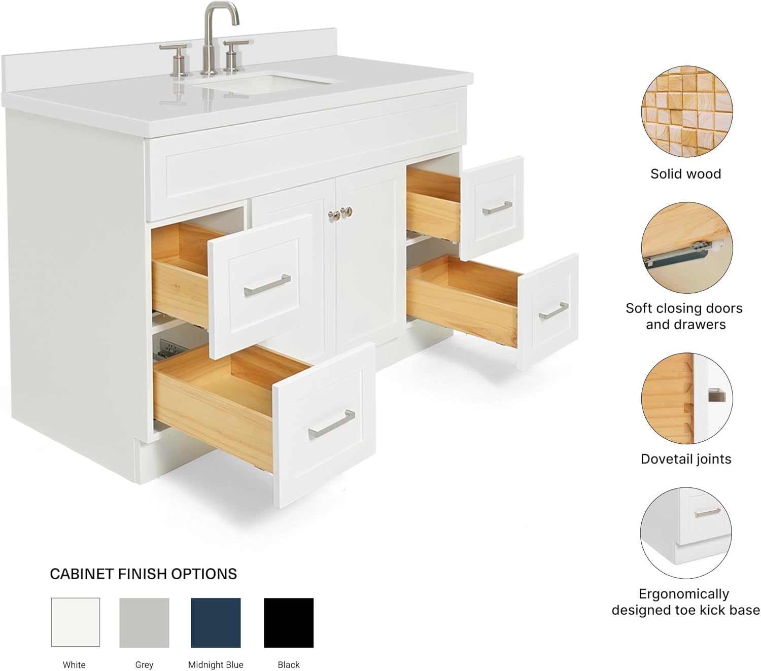 ARIEL Hamlet 54-inch Bathroom Vanity with Sink,Solid Wood, 1.5-inch Pure White Quartz Countertop & Backsplash, Single Rectangular Porcelain Sink, 2 Soft Closing Doors, 4 Dovetail Drawers, White