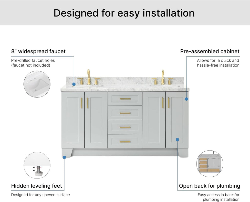 ARIEL Taylor 66-inch Bathroom Vanity with Sink,Solid Wood, 1.5-inch Italian Carrara Marble Countertop & Backsplash, Double Rectangular Porcelain Sink, 4 Soft Closing Doors, 5 Dovetail Drawers, Grey