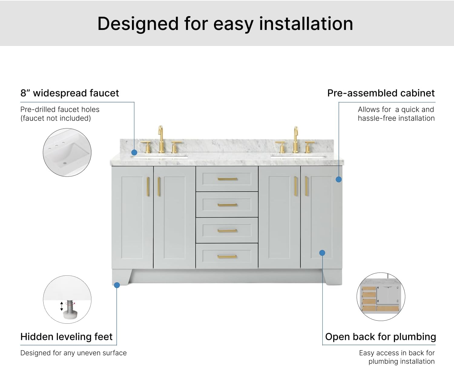 ARIEL Taylor 66-inch Bathroom Vanity with Sink,Solid Wood, 1.5-inch Italian Carrara Marble Countertop & Backsplash, Double Rectangular Porcelain Sink, 4 Soft Closing Doors, 5 Dovetail Drawers, Grey