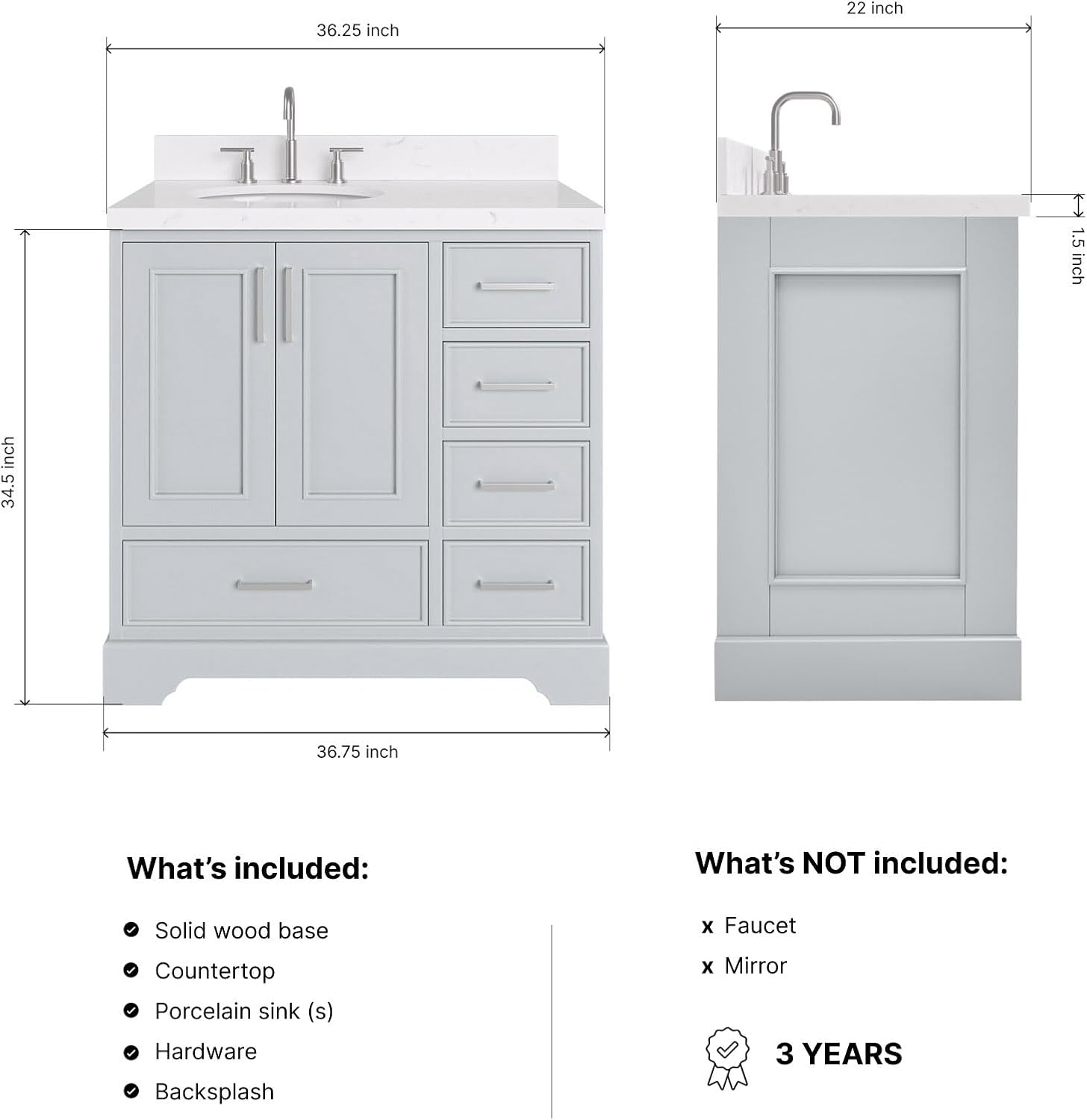 ARIEL Stafford 36-inch Bathroom Vanity with Sink,Solid Wood, 1.5-inch Carrara White Quartz Countertop & Backsplash, Single Oval Porcelain Sink, 2 Soft Closing Doors, 5 Dovetail Drawers, Grey