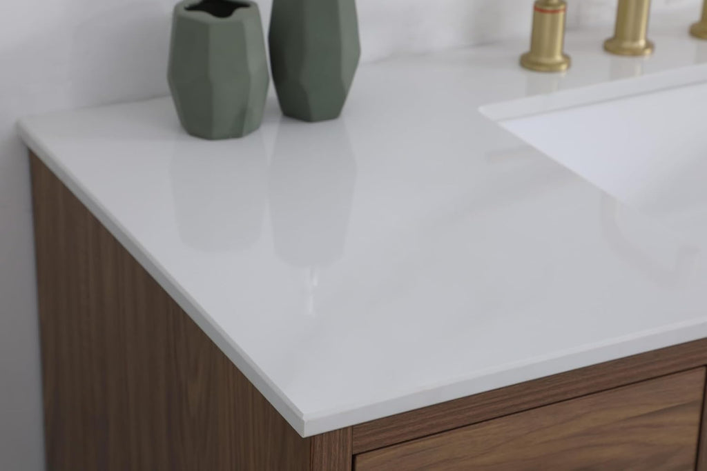 48' Pre-Assembled Bathroom Vanity with Sink, Engineered Wood, Ivory White Engineered Marble Countertop Attached, Single Rectangle Porcelain Sink, 7 Soft-Close Drawers, Walnut Brown