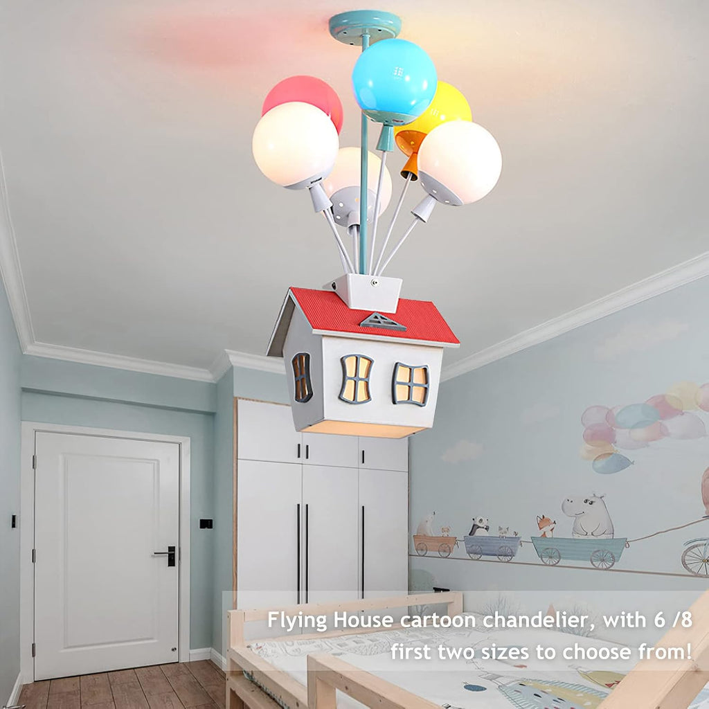 Kids House Shape Ceiling Light Colorful Balloon Wood Chandelier Cartoon House Shape with Acrylic lampshade Sputnik Ceiling Light for Girls Boys Kid's Bedroom (D18.1*H22.8IN (8 Light))