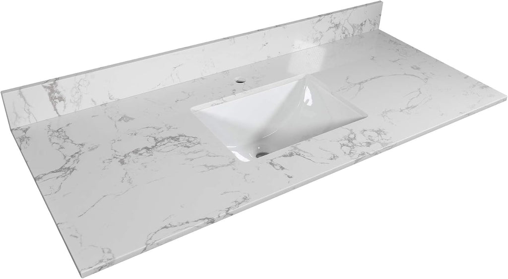 Marble White Stone Vanity Top - 1/3 Holes Vanity Sink Tops, Gorgeous Counter top with Ceramic Sink & Backsplash for Bathroom Kitchen, No Cabinet (43'-single hole)