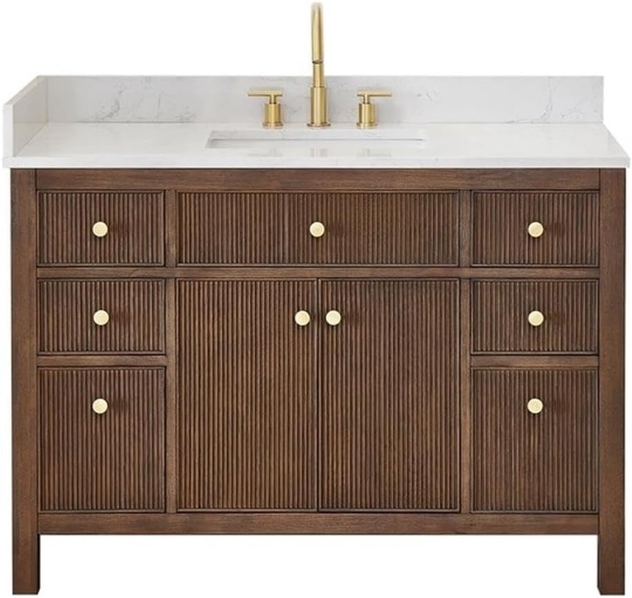 Pemberly Row 48' Wood Bathroom Vanity, Brown Brushed Oak Finish, Grain White Stone Top, Fluted Doors, 7 Drawers, Ceramic Sink, No Mirror Included, Contemporary Style for Bathroom Storage and
