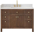 Pemberly Row 48' Wood Bathroom Vanity, Brown Brushed Oak Finish, Grain White Stone Top, Fluted Doors, 7 Drawers, Ceramic Sink, No Mirror Included, Contemporary Style for Bathroom Storage and