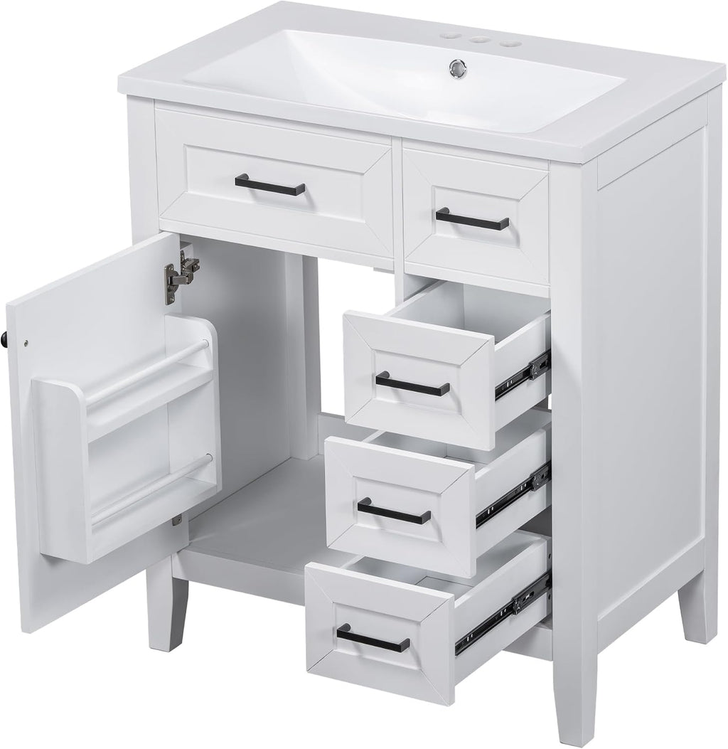 LUMISOL 30' Bathroom Vanity with Ceramic Sink, Modern Freestanding Bathroom Vanity with 3 Drawers & Door with Racks, Solid Wood Bathroom Storage Cabinet with Single Sink, White