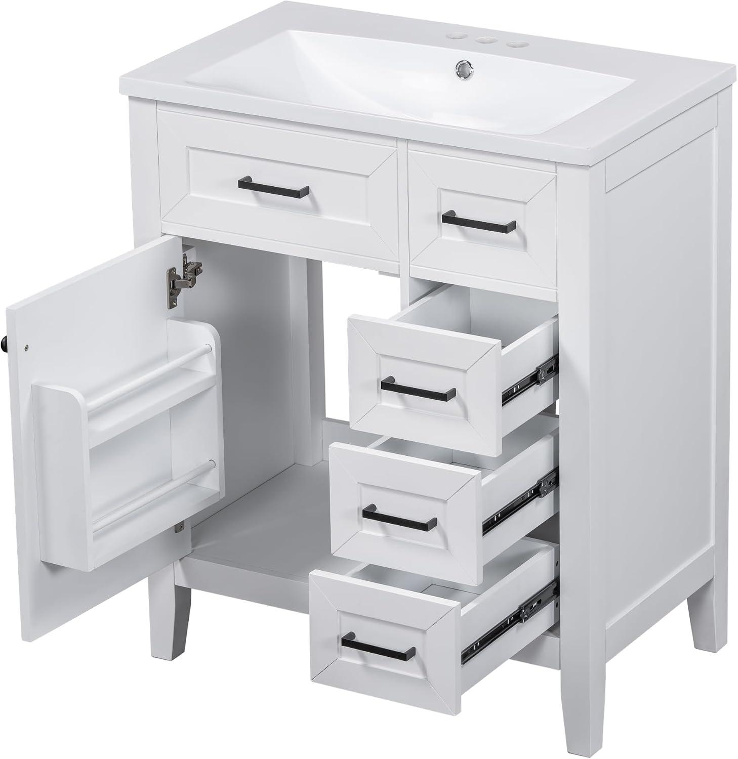LUMISOL 30' Bathroom Vanity with Ceramic Sink, Modern Freestanding Bathroom Vanity with 3 Drawers & Door with Racks, Solid Wood Bathroom Storage Cabinet with Single Sink, White